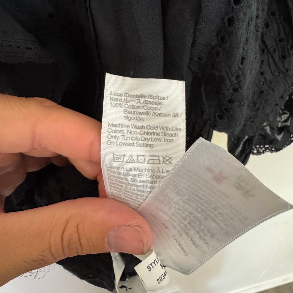 Madewell Ruffled Puff-Sleeve Top WMNS M Black Pintuck Lace-Trim V-Neck Button Up - Picture 8 of 9